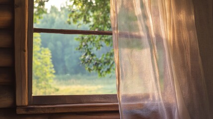 Fototapeta premium A mosquito net window in a rustic cabin, blending with the natural surroundings.dc4420d5dd8c