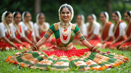  indian classical dancer woman posing in traditional sari dress with group of dancers in the...