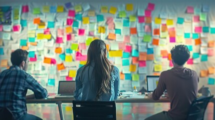 Startup team brainstorming in a room with colorful post-it notes on the walls.
