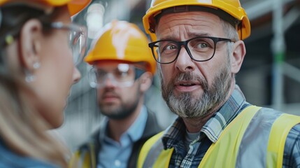 Fototapeta premium Foreman explaining site plans to an engineering manager and project consultant, with all three in safety helmets and reflective vests.