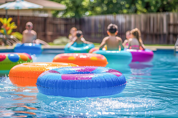 Obraz premium Colorful inflatable rings floating in swimming pool during pool party