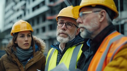 Obraz premium Foreman explaining site plans to an engineering manager and project consultant, with all three in safety helmets and reflective vests.