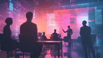 Silhouetted Figures in a Futuristic Office Setting with Neon Lights