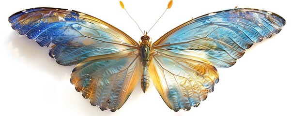 Obraz premium Blue butterfly with open wings on white background, 4K hyperrealistic photo