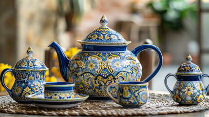 a Spanish-style tea set, adorned with intricate patterns in hues of blue and yellow.