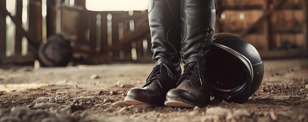 Advanced equestrian riding boots and helmet for horseback riding, 4K hyperrealistic photo