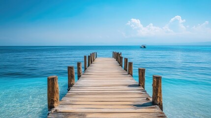 Obraz premium A relaxing sea view with blue waters and a wooden pier stretching out into the ocean.