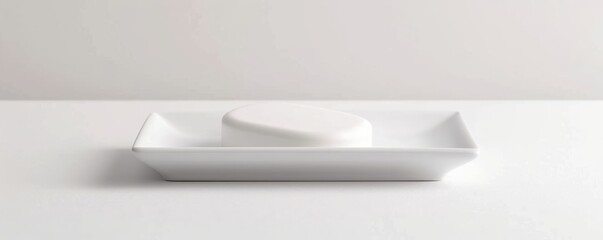 White soap dish on white background, 4K hyperrealistic photo