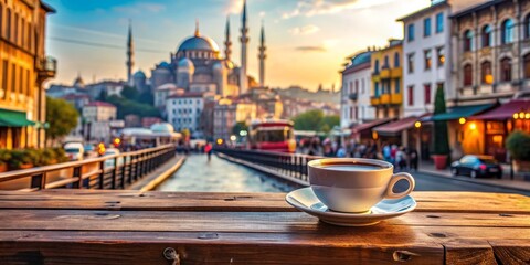 Obraz premium Vibrant coffee cup with siren logo sits on a rustic wooden bench, set against a blurred background of ancient Istanbul's bustling streets and historic architecture.