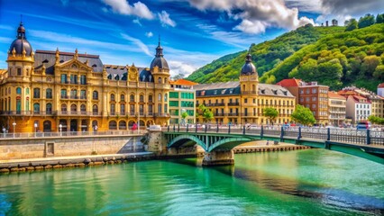 Fototapeta premium Vibrant colorful buildings line the picturesque Kursaal Bridge overlooking the serene Urdaibai River in San Sebastian, Spain, showcasing the city's unique Basque architecture.