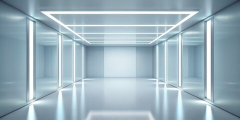 Obraz premium Minimalist Futuristic Corridor with White Ceiling Lights, 3D Rendering, 3d, interior, design, futuristic