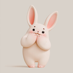 Simple fat cute kawaii fluffy white Easter bunny with eyebrows, pink ears, cheeks, soft paws standing in shy pose touching chin with hands with happy facial expression. 3d render in pastel colors.