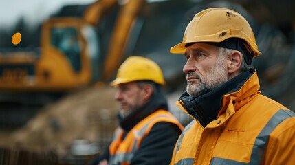 An engineering manager and project consultant discussing project details with the foreman, while standing near construction equipment, all in safety gear.