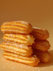 Traditional churros with sugar on beige background, Close up food photography