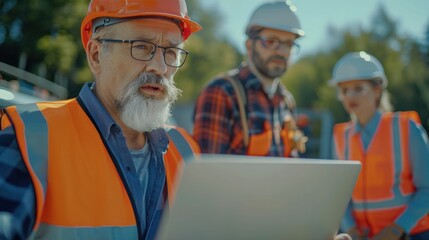 An engineering manager, project consultant, and foreman using a laptop to discuss construction timelines, all in high-visibility safety vests