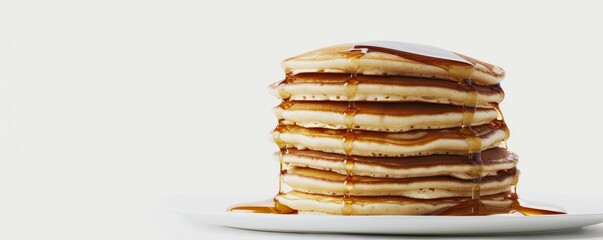 Stack of fluffy pancakes with syrup on white background, 4K hyperrealistic photo