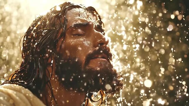 close up Baptism of Jesus Christ in the Jordan River depicting divine grace, and sacred ceremony 4k new stock video footage AI