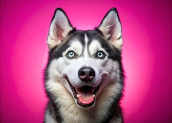 Obraz premium Vibrant magenta-hot pink background contrasts strikingly with a joyful Siberian Husky's bright-eyed, beaming face, showcasing its happy, endearing, and lively personality.