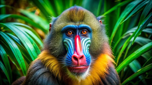 Vibrant mandrill with bright blue and red facial markings boldly poses in a lush, green jungle environment, showcasing its expressive eyes and impressive stature.