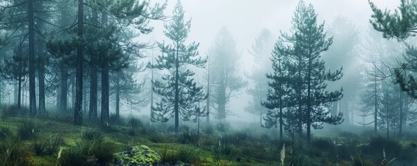 Obraz premium Misty forest with tall pine trees, 4K hyperrealistic photo