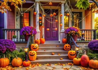 Obraz premium Vibrant orange and purple Autumnal decorations adorn a porch, complete with glowing jack-o-lanterns, spider webs, and a bold Halloween 2023 banner, setting a spooky tone.