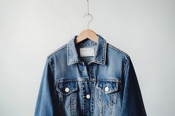 Naklejka premium Close up of the front of a denim jacket on hanger