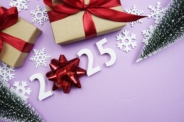 Happy New Year 2025 alphabet letters on purple background