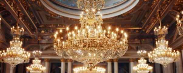 Obraz premium Sparkling crystal chandelier in luxurious ballroom, 4K hyperrealistic photo