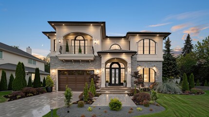 A beautifully designed Mediterranean-style residence with elegant archways and lush landscaping, basking in the warm sunlight of a clear afternoon