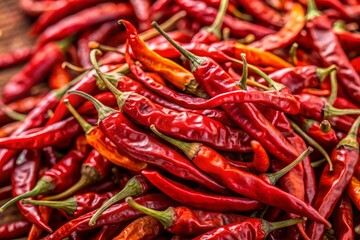 Vibrant red dried Cayenne peppers piled high, showcasing their spicy beauty against a neutral background, perfect for adding heat to food concept and culinary designs.