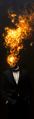 Fototapeta premium A surreal image of a man in a suit with a head made of flames, symbolizing passion and intensity.