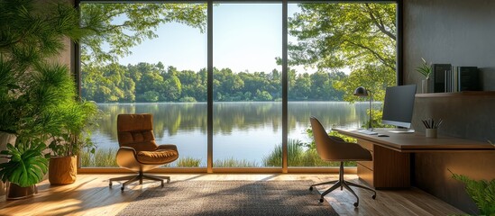 Modern Home Office with Scenic Lake View and Natural Light Through Large Windows