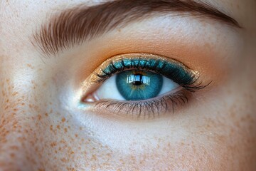 Obraz premium Woman with blue eye and golden eyeshadow is looking up