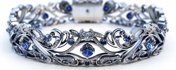 Shiny silver bracelet with diamonds and sapphires on white background, 4K hyperrealistic photo