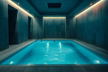Swimming pool in the house with artificial lighting