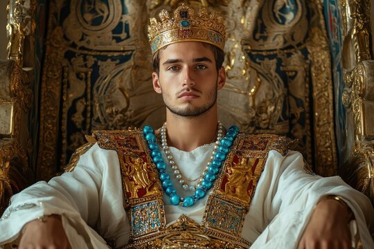 Handsome king sitting on golden throne wearing jewelry
