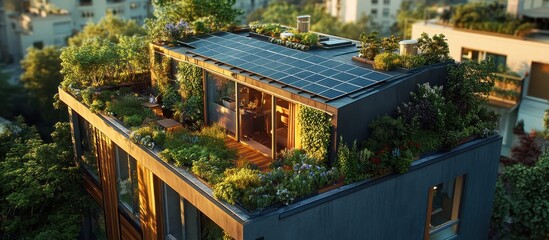 Modern Eco-Friendly Apartment Building with Rooftop Garden and Solar Panels in Urban Setting