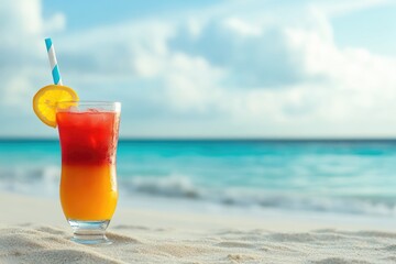 Tropical cocktail standing on white sand beach with turquoise sea background