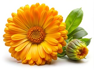 Naklejka premium Vibrant yellow and orange petals of Calendula officinalis, also known as marigold, unfolded and budding, isolated on a pure white background, showcasing delicate details.
