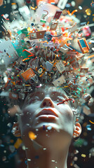 head bursting with information data, symbolizing the overwhelming effects of media and social media addiction.powerful visual metaphor of social media addiction.