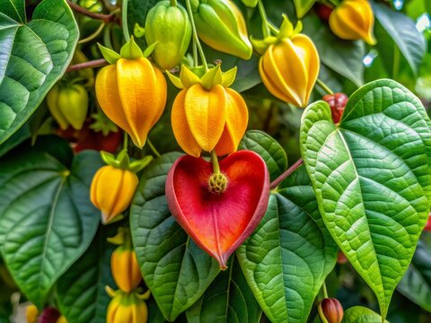 Vibrant woody creeper boasts large heart-shaped leaves, up to 34 cm long, with stalked, curved yellow-green flowers and reddish-brown interior, producing capsule fruit.