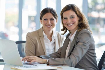 Two smiling businesswomen sharing laptop at desk in office, Generative AI