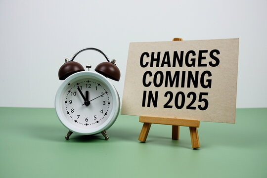 Changes coming in 2025 text on paper card with alarm clock on green background