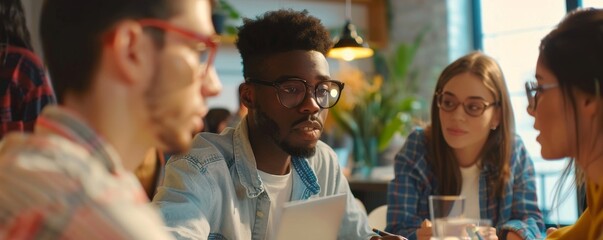 Obraz premium Office life. Group of young multiracial people sitting at the table in coworking space and working together, using modern technologies and discussing, Generative AI