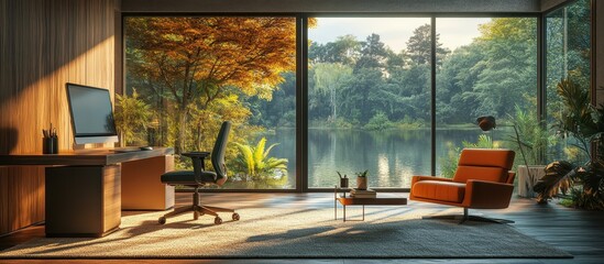 Modern Home Office with Scenic Lake View and Cozy Seating Area Surrounded by Lush Greenery and Natural Light