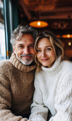 Fototapeta premium smiling mature couple having breakfast in cafe in fall season