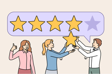 Team work to improve rating and receive five-star rating from three friendly managers. Business people provide quality customer service to win company rankings based on user surveys
