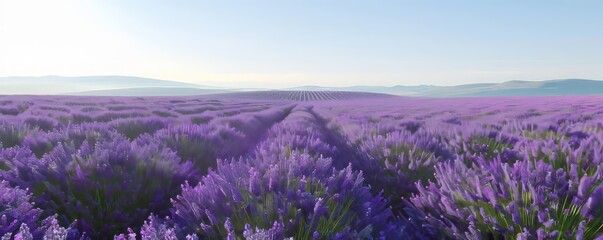 Obraz premium Purple lavender field under clear sky, 4K hyperrealistic photo