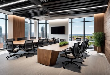 Fototapeta premium modern versatile meeting area equipped advanced technology solutions enhanced collaboration productivity, space, design, furniture, lighting, audio