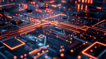 Obraz premium Abstract representation of data transferring on a circuit board, creating a complex network of connections